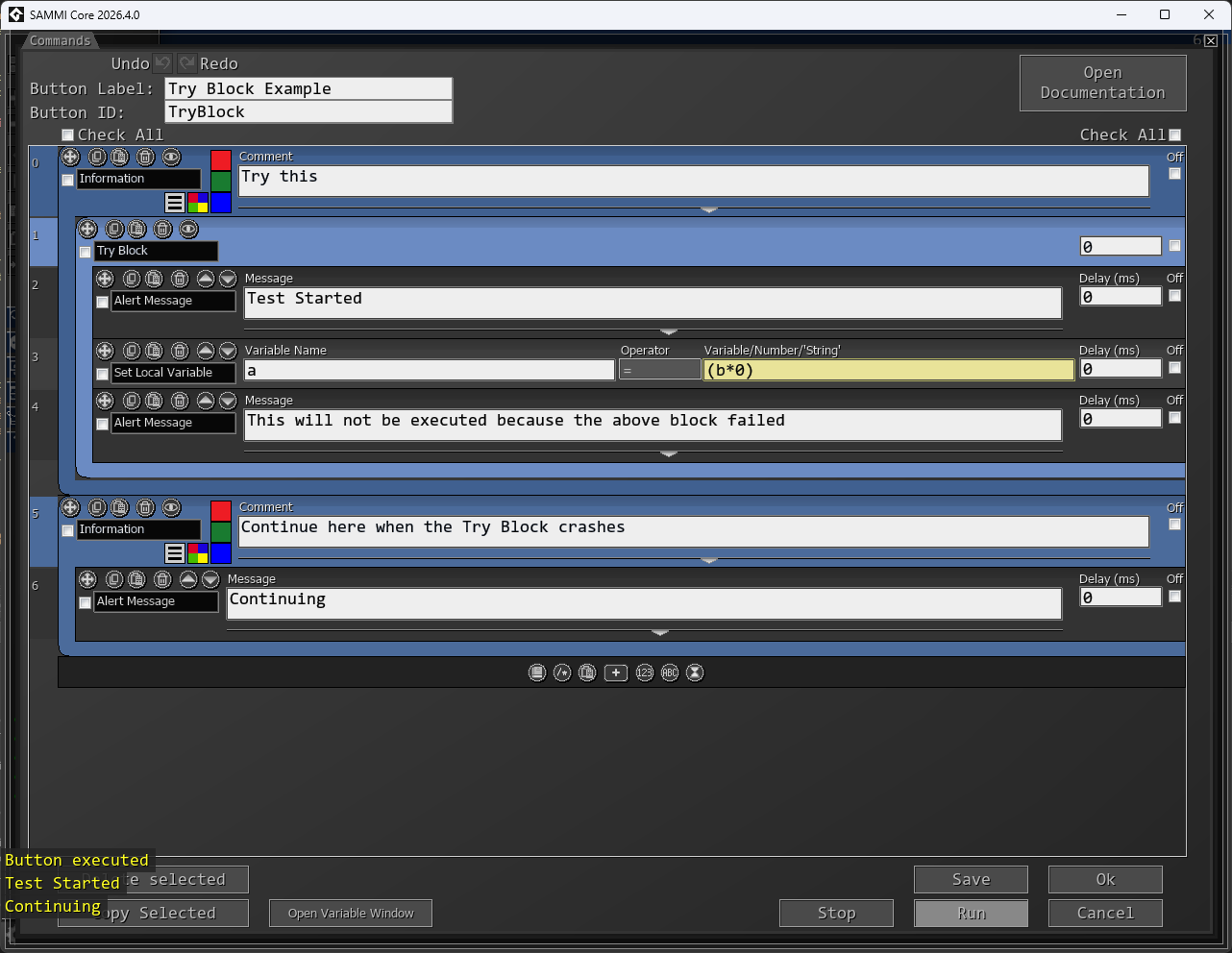 Try Block example showing a failed command inside the block and execution continuing afterwards