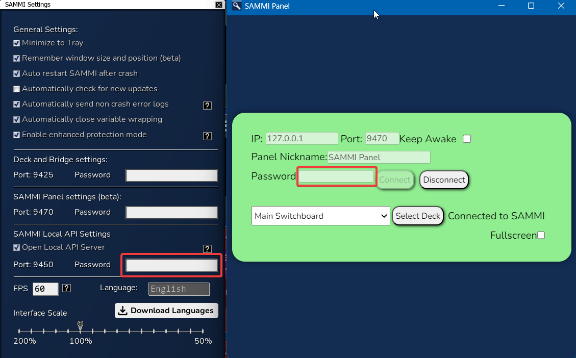 SAMMI Panel Connection Settings