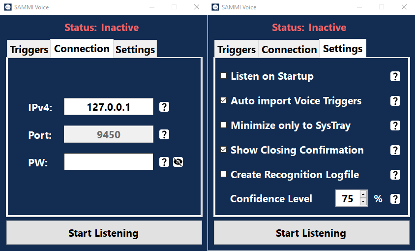 Settings window for SAMMI Voice