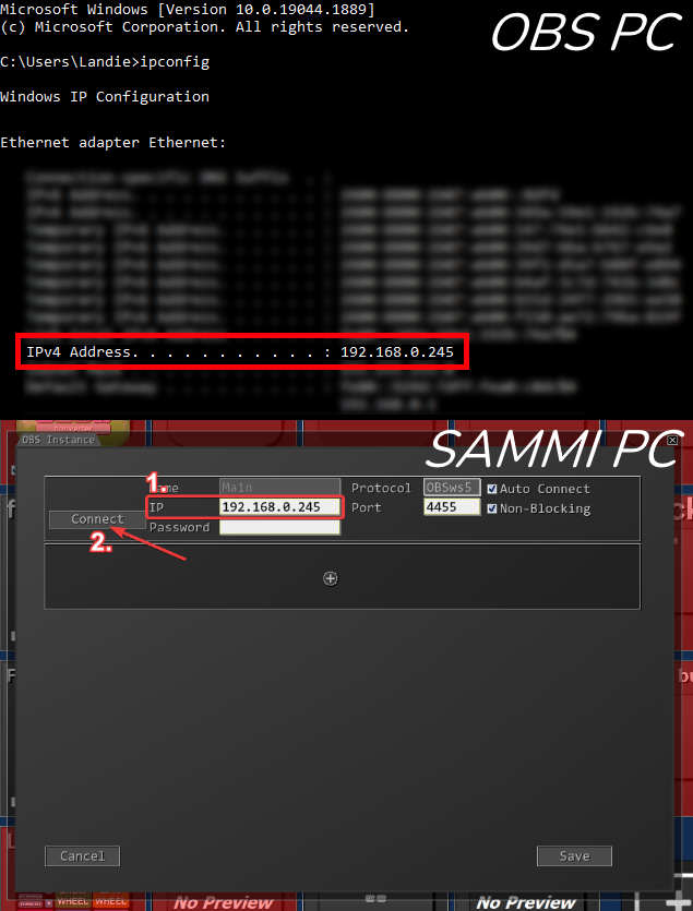 Modified "OBS Connections" to use OBS PC′s IPv4 Address