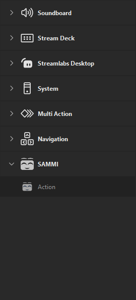 Elgato Stream Deck Plugin Sidebar showing a new SAMMI section