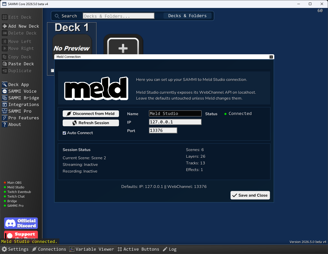 Click to enlarge Meld Studio connection window in SAMMI showing connection status and session info