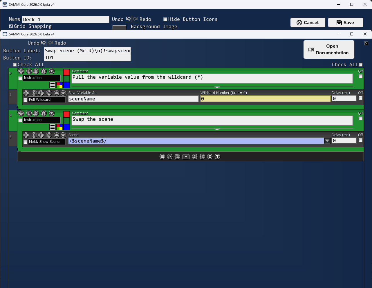 Click to enlarge SAMMI commands for the Swap Scene button: Pull Wildcard followed by Meld Show Scene