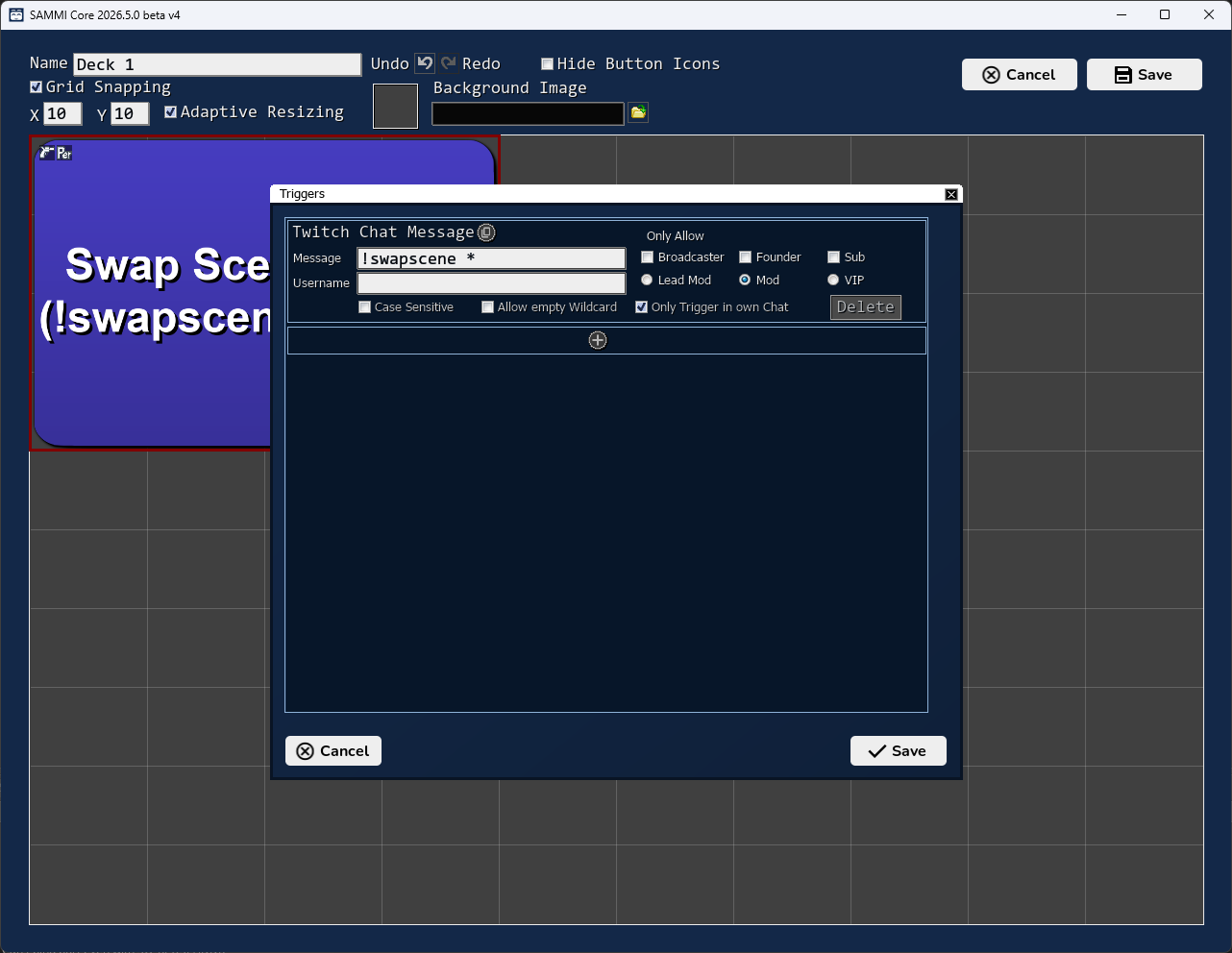 Click to enlarge Twitch Chat Message trigger set to !swapscene * to capture a scene name from chat