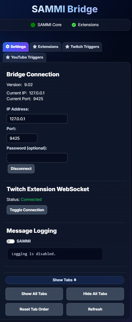 Click to enlarge Twitch Extension WebSocket in the SAMMI Bridge