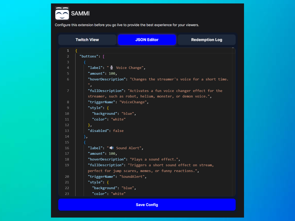 Click to enlarge The JSON editor